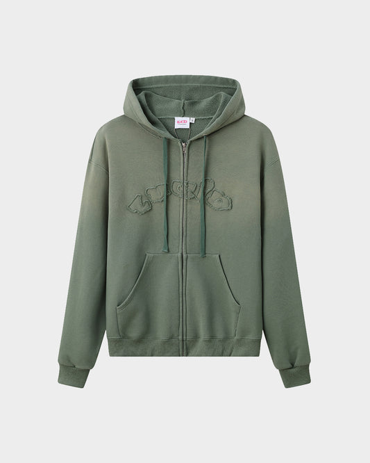 Acid Wash Applique Zip Up Hoodie