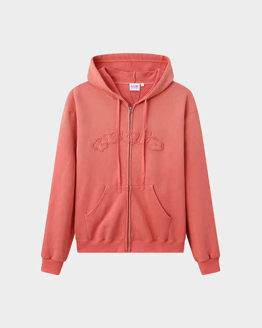 Acid Wash Applique Zip Up Hoodie