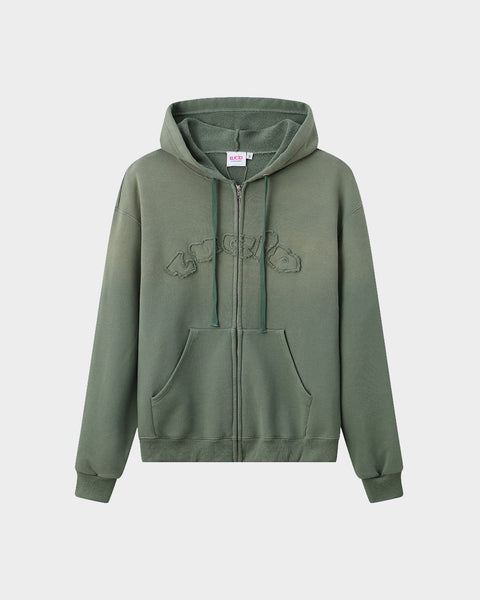 【LCDC™︎】SPRAY WASHED ZIP-UP Washed Applique Zip Through Hoodie - Acid Wash | Mens